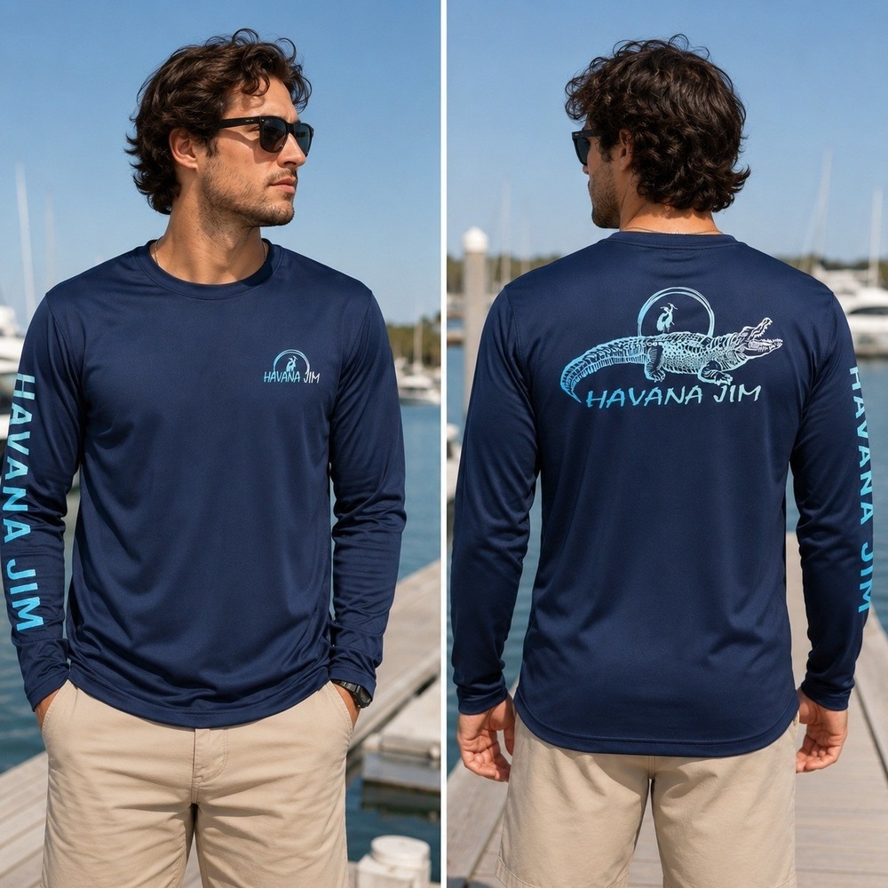 Havana Jim Mens Long Sleeve Cool Tech Fishing Shirt‎ Navy Blue Alligator Size XL